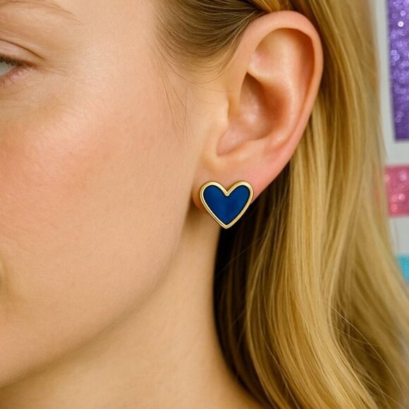 🆕 Royal Blue Enamel Heart Stud Earrings Gold Tone Statement Cute Gift Teen Girl - Picture 8 of 13